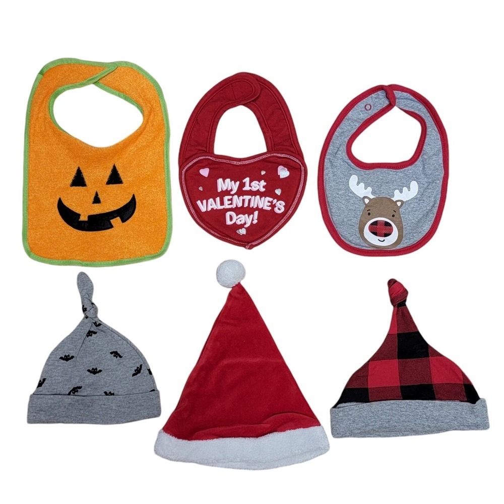 Babys 1st Holiday Bibs Hats Lot of 6 Halloween Christmas Valentines Day Infant